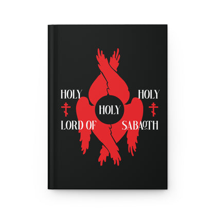 Black hardcover journal featuring red abstract seraphim wings, white text "Holy Holy Holy Lord of Sabaoth," Orthodox crosses, and Isaiah 6:3, inspired by the Divine Council and Liturgy of St John Chrysostom.