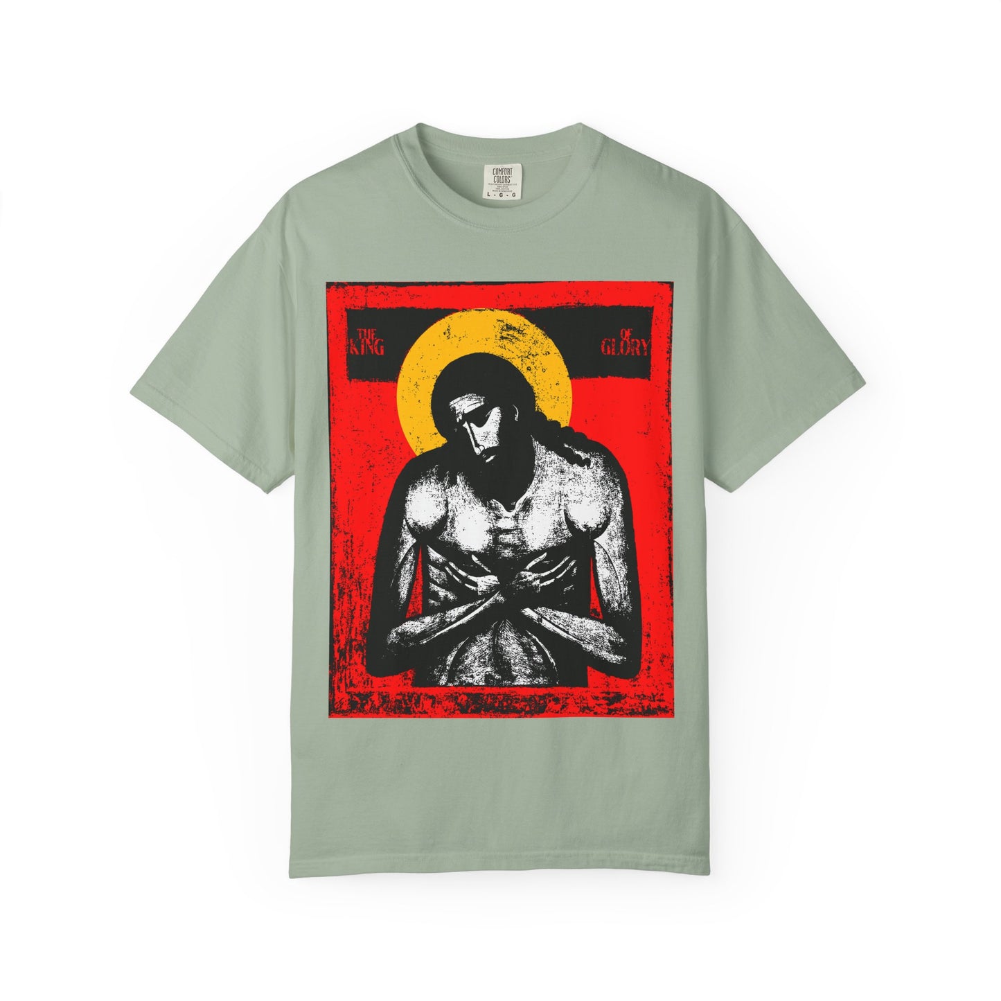 Bay T-shirt featuring The King of Glory Jesus Christ "Extreme Humility" IconoGraphic in red, yellow, white, and black—Christian devotional design inspired by Isaiah 53. Heavyweight cotton unisex tee.