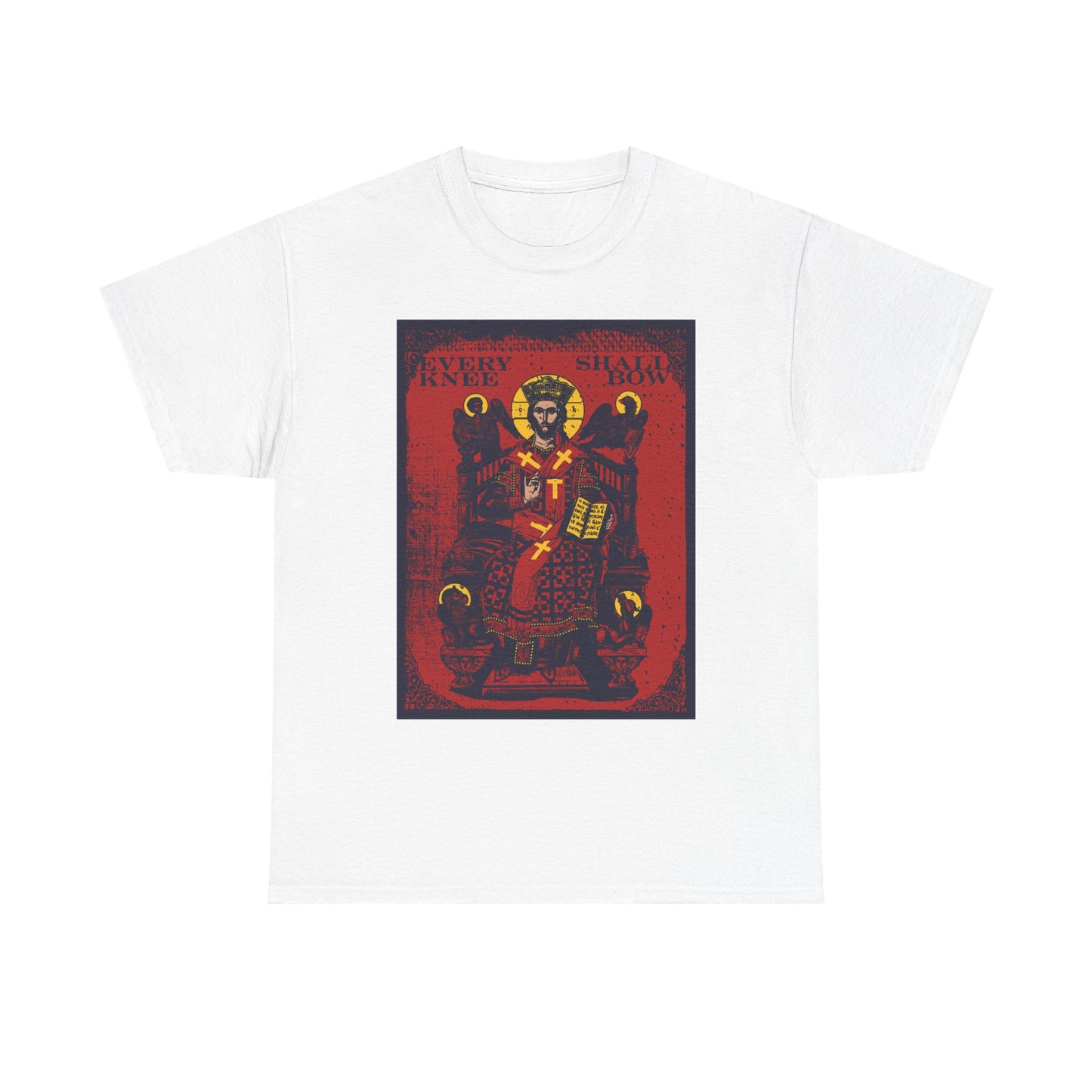White "Every Knee Shall Bow" Christian heavy cotton t-shirt featuring a bold red and black graphic of Christ Enthroned (Phil 2:8-11, Isaiah 45:23), Ezekiel's Chariot, and proclaiming Jesus as Lord.