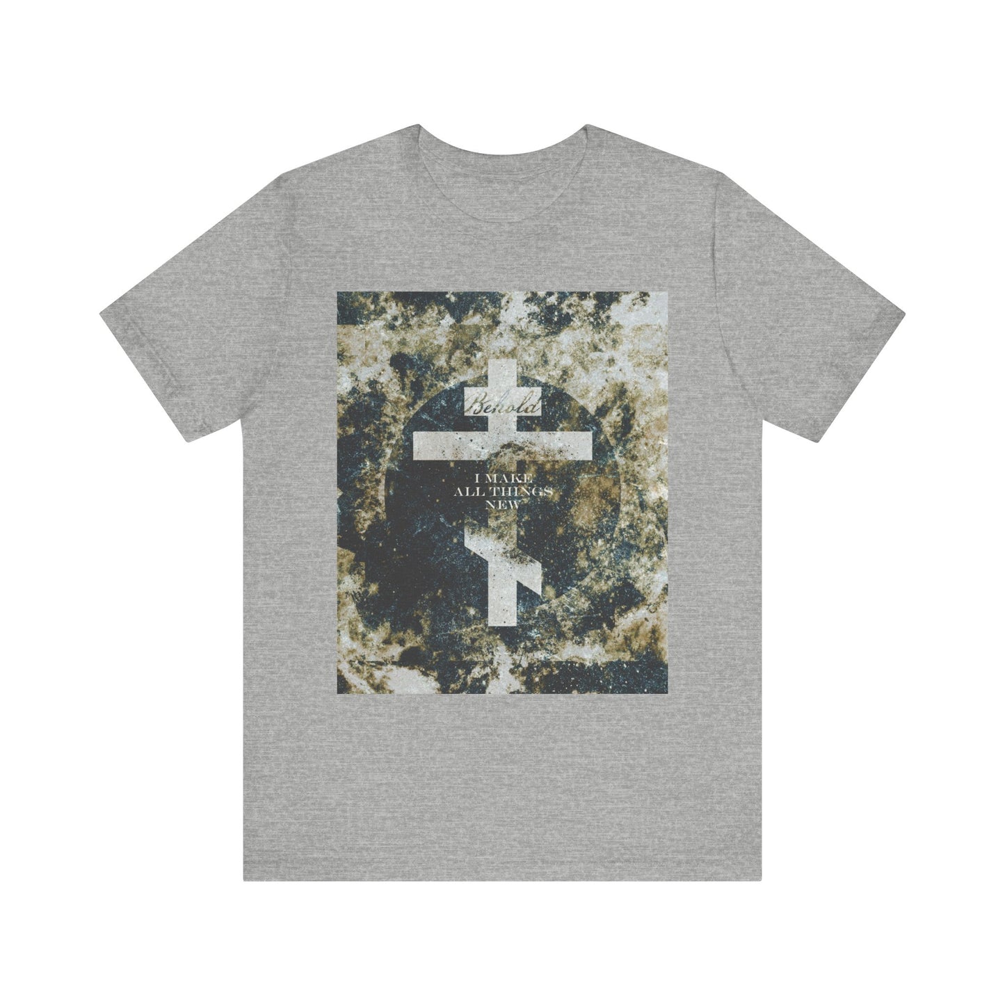 The "Behold, I Make All Things New" Athletic Heather tee features a cosmic textured Orthodox cross and Revelation 21:5—an inspiring Christian gift about new creation, crafted from lightweight cotton for comfort.