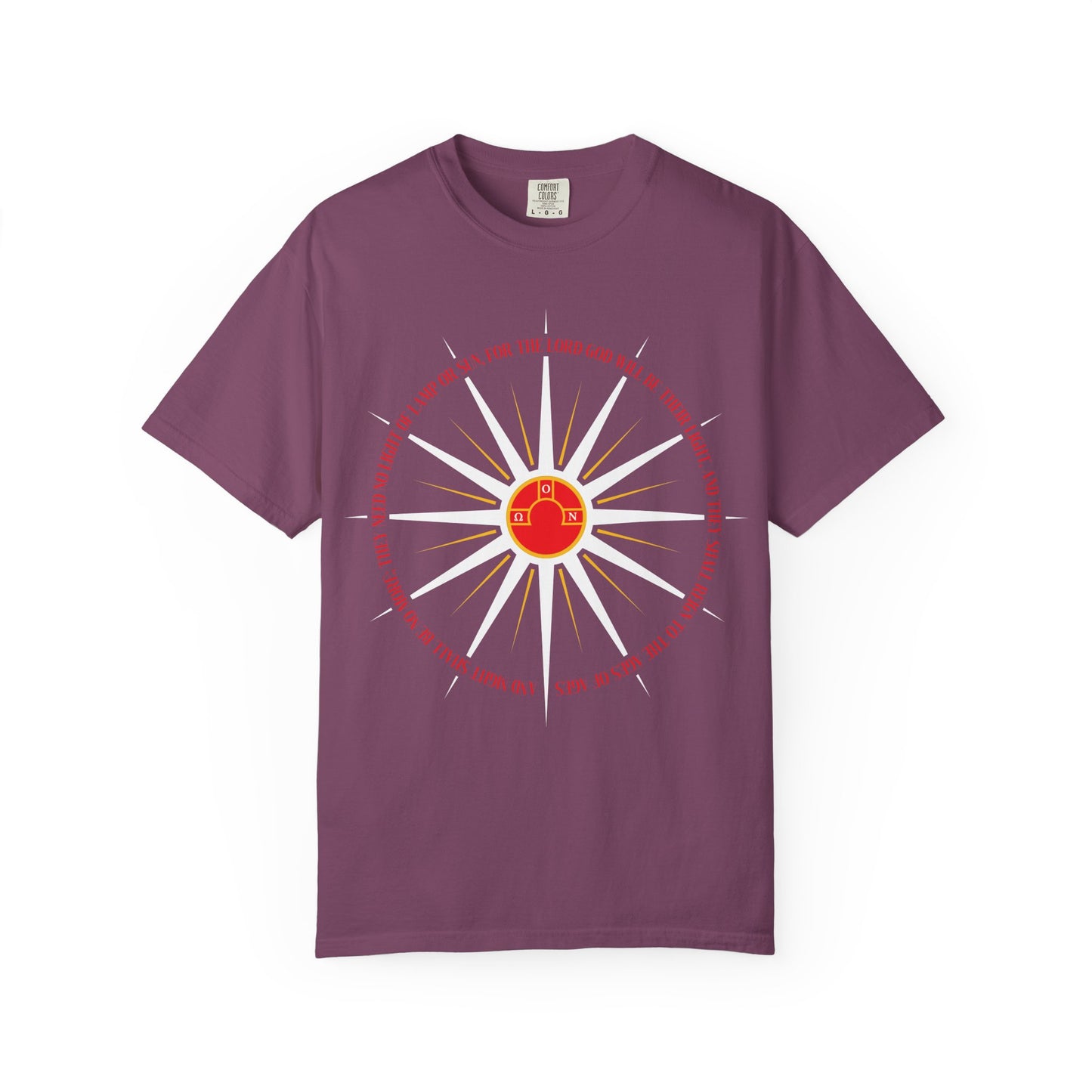 Berry-colored heavyweight cotton t-shirt featuring a white compass design with a red house symbol at the center, inspired by the concept of an imperishable homeland and reminiscent of the holy city sought by the sons of God; from the “And Night Shall Be No More (Rev. 22:5) | Blazing Sun Rays | Second Coming | Apocalyptic | Orthodox Christian” collection.