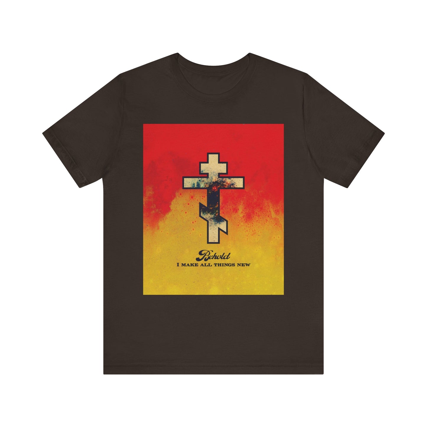 Brown unisex tee featuring a cosmic Orthodox cross on a red-yellow background with “Behold, I Make All Things New” (Rev 21:5)—a nod to Bible verses about renewal. Lightweight, cotton comfort.