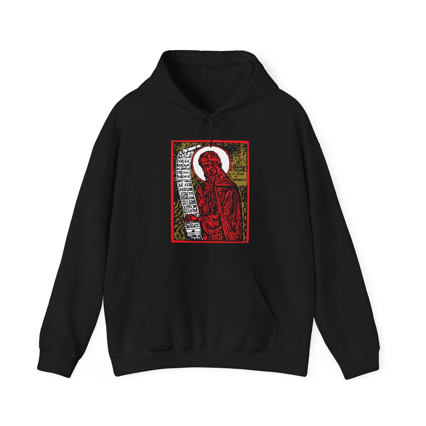 St. John of Damascus Icono-Graphic | Orthodox Christian Saint | Red Gold & Black High Contrast Design | Orthodox Christian Hoodie