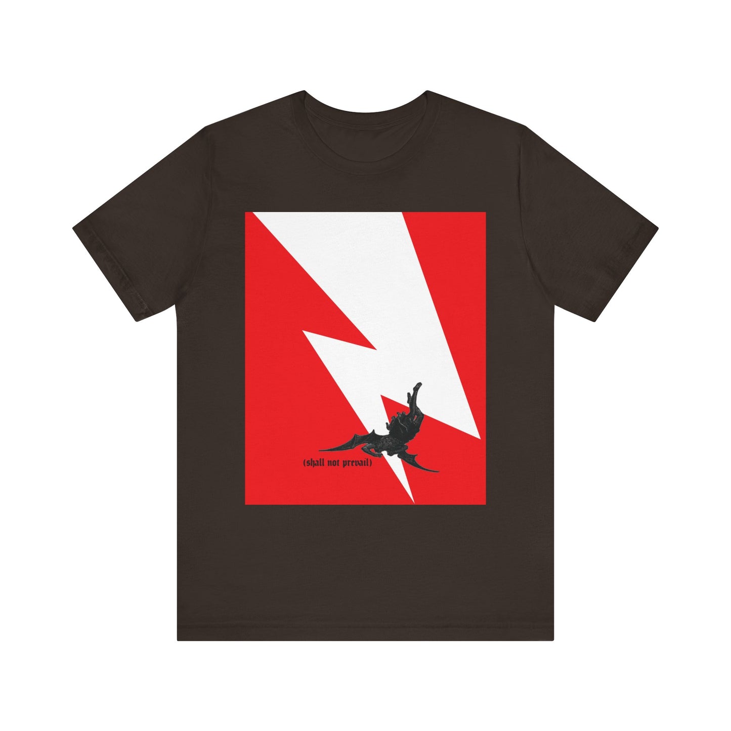 Brown t-shirt featuring a minimalist red and white lightning bolt graphic with a falling figure, inspired by the powerful image of Satan's fall from heaven; includes the text "shall not prevail," referencing pride and timeless Bible verses—product name: "Shall Not Prevail | Satan Fell from Heaven Like Lightning (Luke 10:18) | Minimalist Design | Lightweight Cotton Unisex Tee.