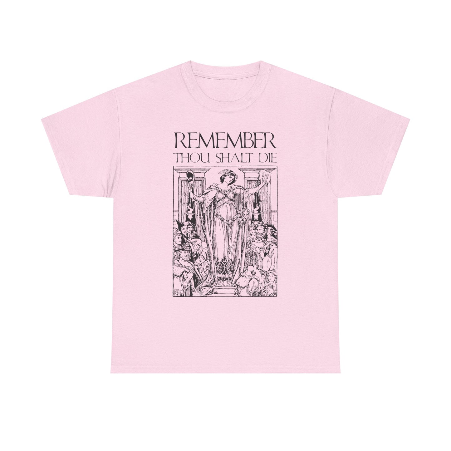 Light pink heavy cotton T-shirt featuring a classic woodcut-style illustration and the text "Remember You Will Die," inspired by memento mori and Christian reflections, in a Shakespearean design.