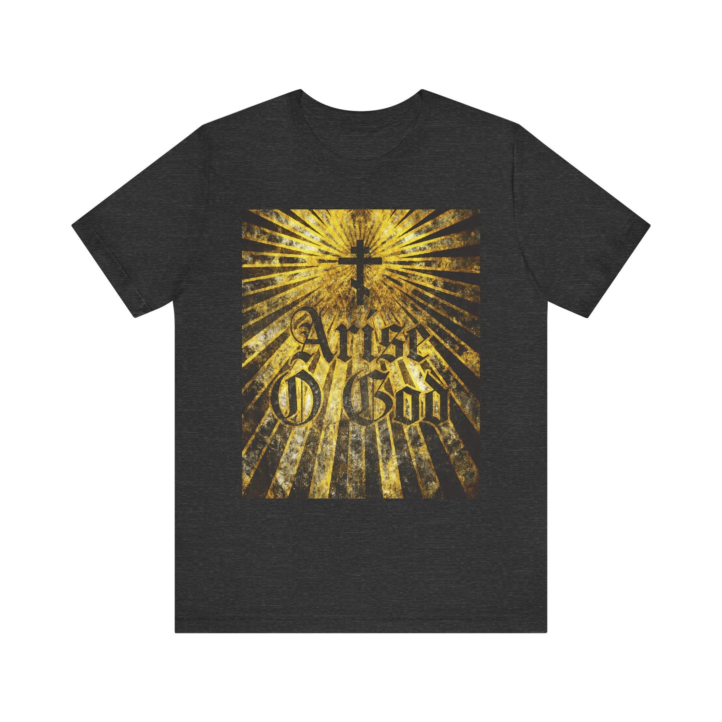 Dark Grey Heather unisex tee featuring a textured Gothic "Arise O God" Psalm 81 (82 LXX) design, ornate Orthodox cross, and golden sun rays—lightweight cotton inspired by the Septuagint and divine council tradition.