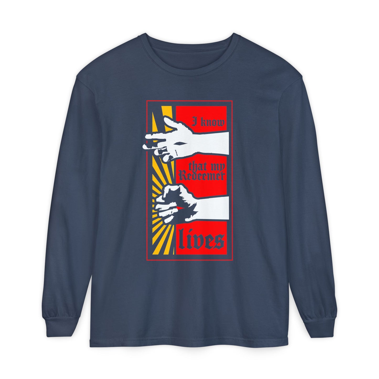Midnight long sleeve with comic book style art: resurrected Jesus’s fist radiating divine power and the words "I Know That My Redeemer Lives" (Job 19:25), inspired by Orthodox Christian faith.