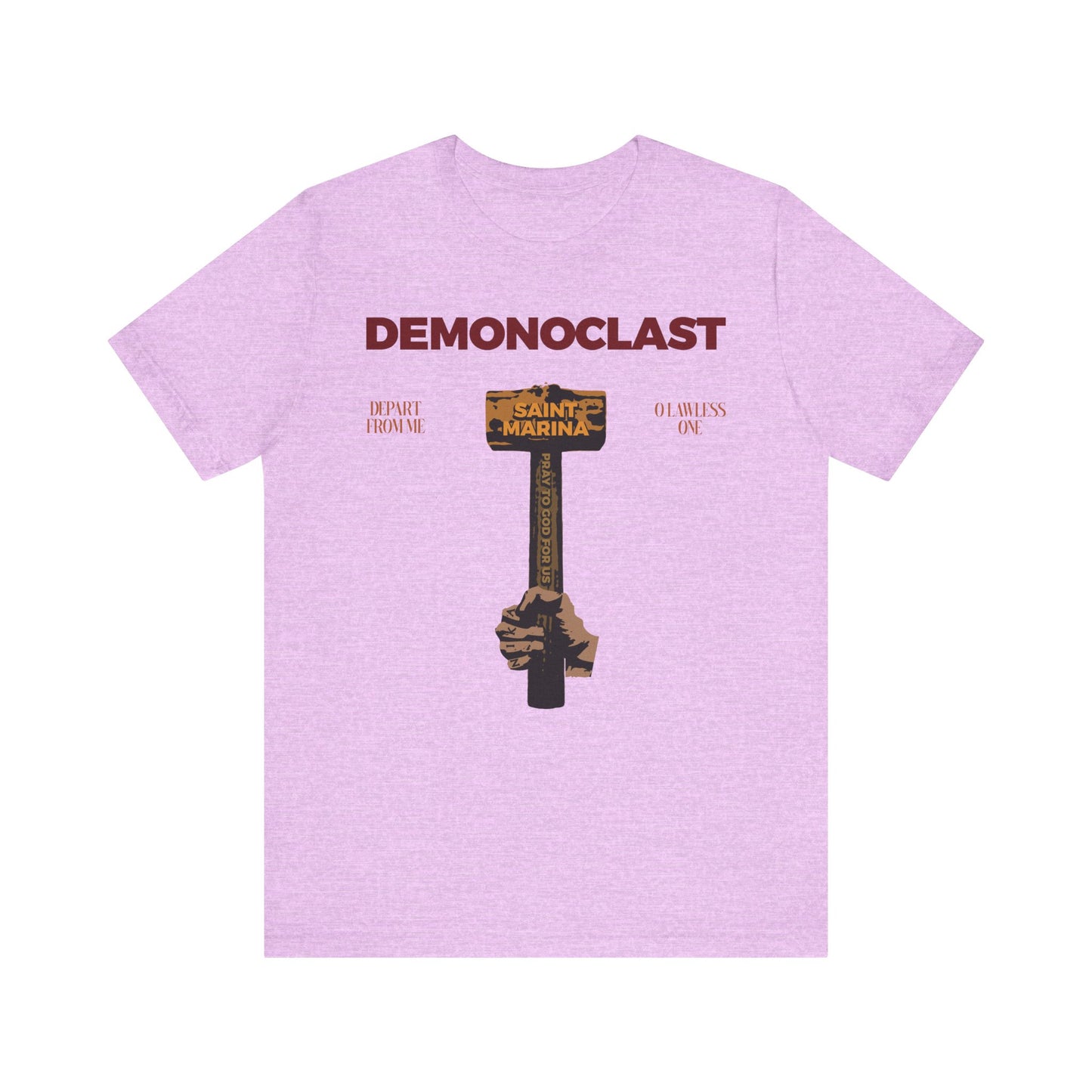 Heather Prism Lilac unisex tee featuring "DEMONOCLAST," a NIKA fist with St. Marina's hammer, inspired by her martyrdom and unseen warfare. Lightweight cotton—Christ conquers!.