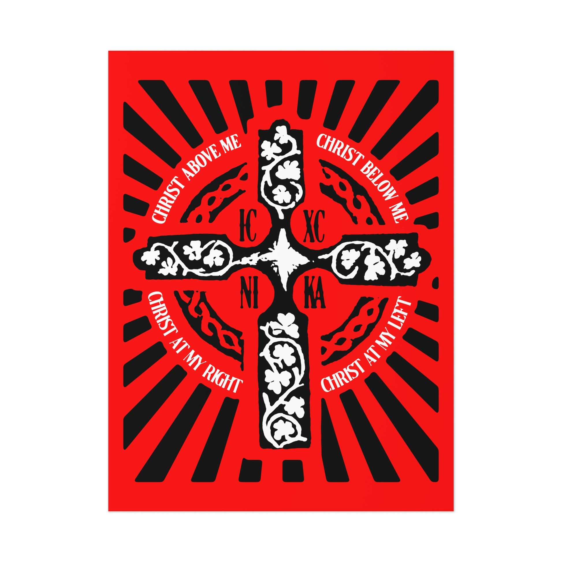 The Red ICXC NIKA Enniskillen Celtic Cross poster features rays and floral details with “Christ above, below, right, left”—inspired by the Lorica of St. Patrick and Shield Prayer—perfect for Orthodox Christian meditation spaces.