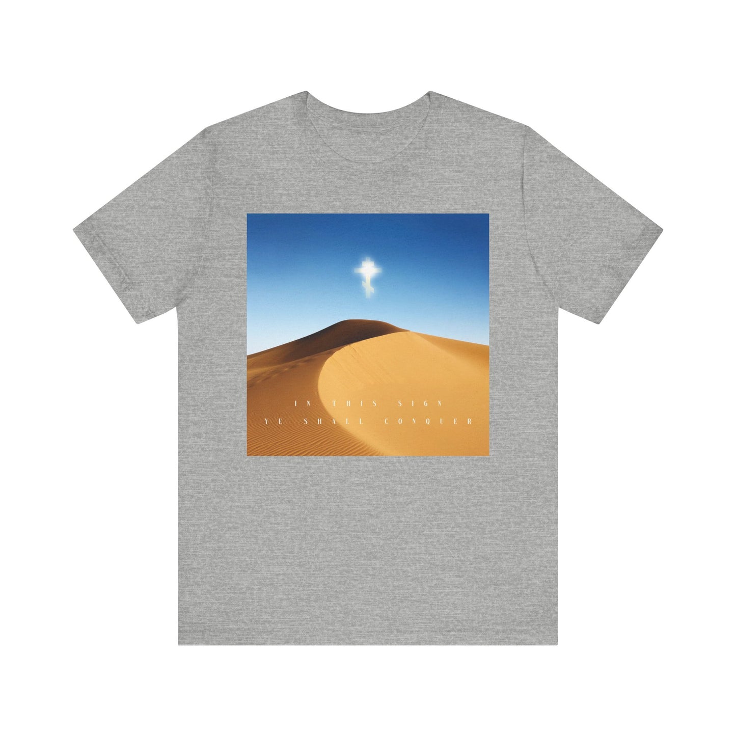 Athletic Heather tee with a desert sun scene and the phrase "In This Sign Ye Shall Conquer"—highlighting the cross’s power from Orthodox Christian tradition. Lightweight cotton, unisex fit.