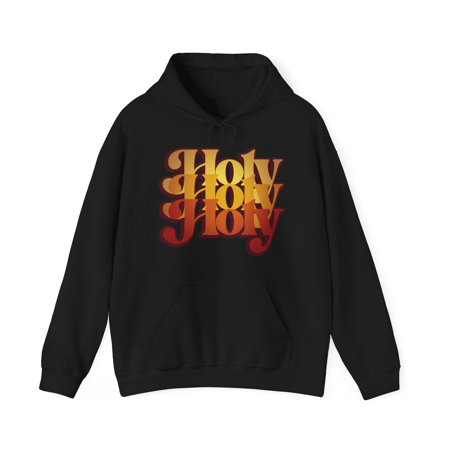 Black "Holy Holy Holy Trisagion Liturgical Prayer" hoodie, inspired by Isaiah 6, featuring bold 70s-style orange and yellow gradient text—perfect for Orthodox Christians celebrating Cherubim & Seraphim prayers.