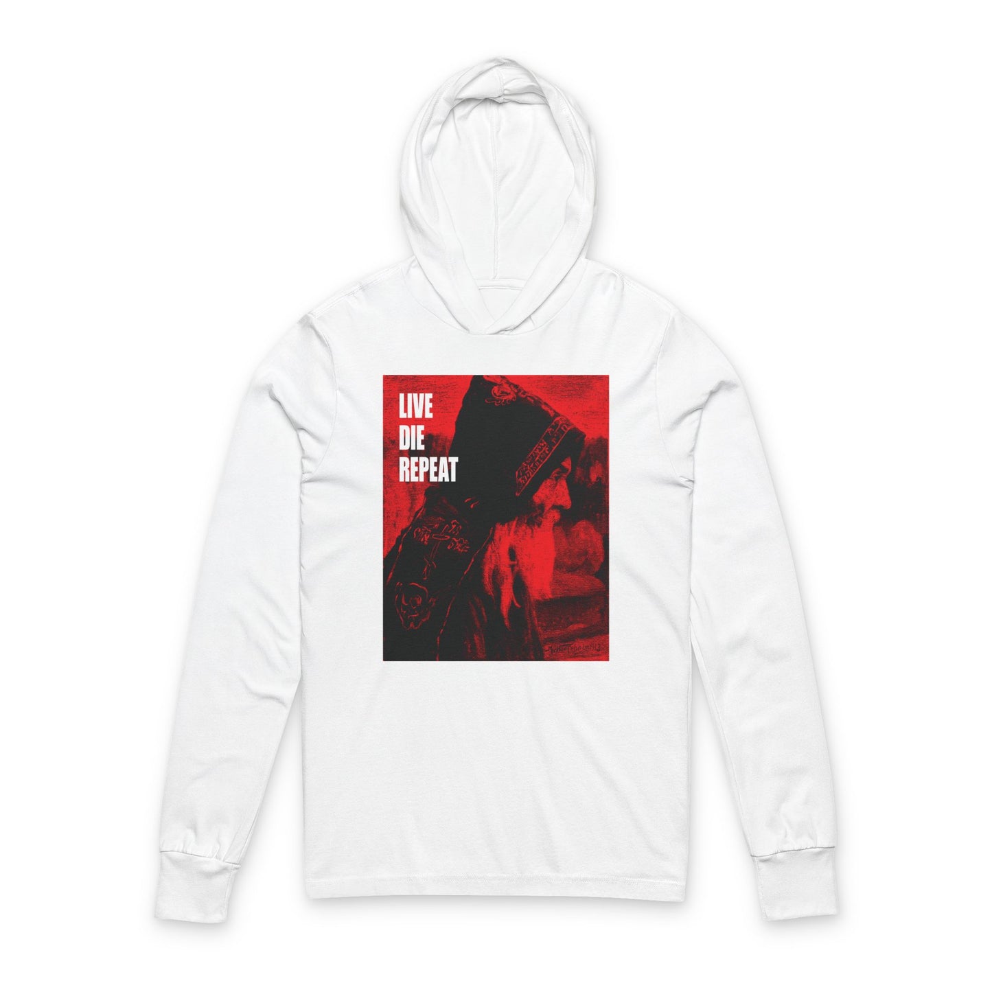 White cotton hoodie featuring a red and black graphic inspired by Mikhail Nesterov’s "Monk" and the text "Die Every Day, and You Will Live Forever" on the front; Ascetic Christianity, Orthodox theme.