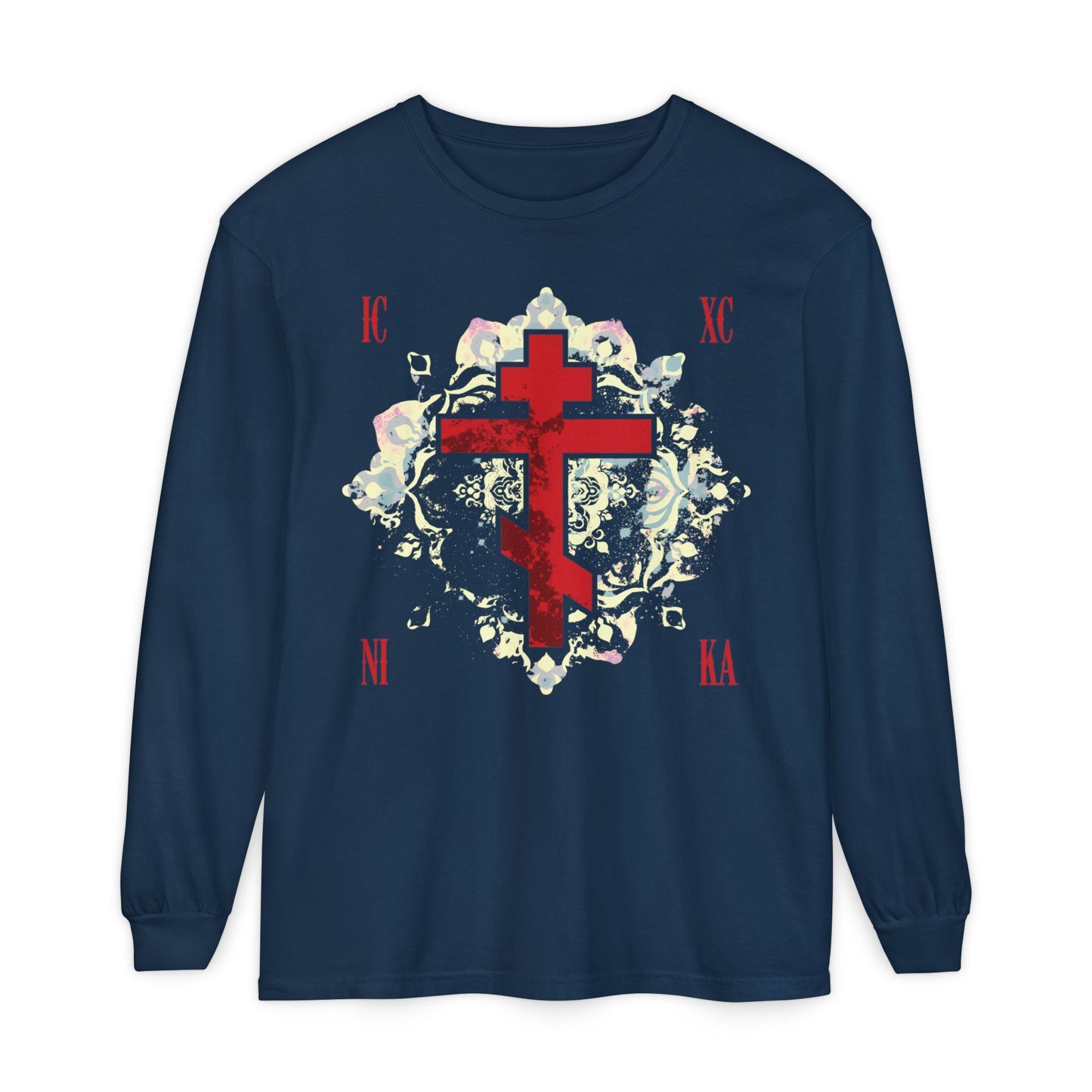 True Navy cotton long-sleeve featuring a textured red Orthodox cross with a medieval floral background, inspired by "ICXC NIKA" meaning "Jesus Christ Conquers"—an Orthodox Christian design honoring spiritual victory.