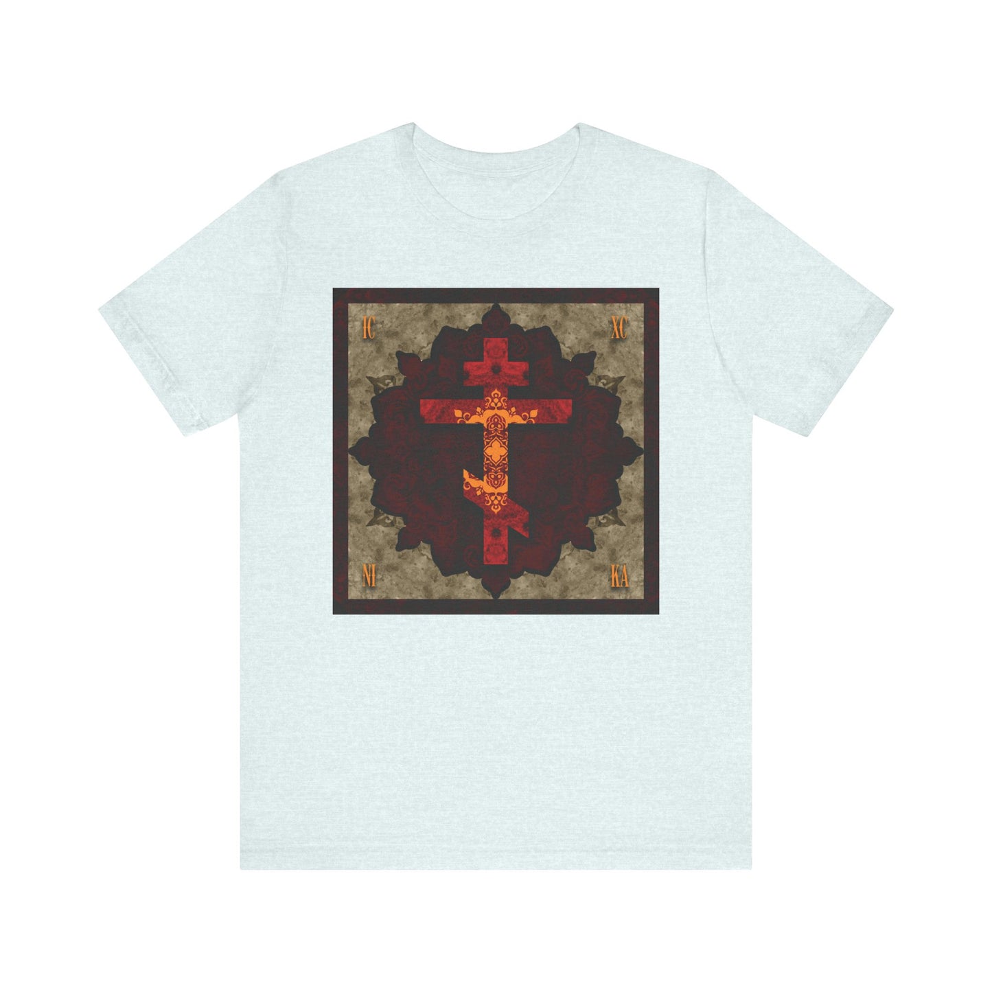 Heather ice blue T-shirt featuring a square, ornate red and gold Russian cross design centered on the front, inspired by St. John of Shanghai and San Francisco, symbolizing humility and Orthodox Christian virtues.