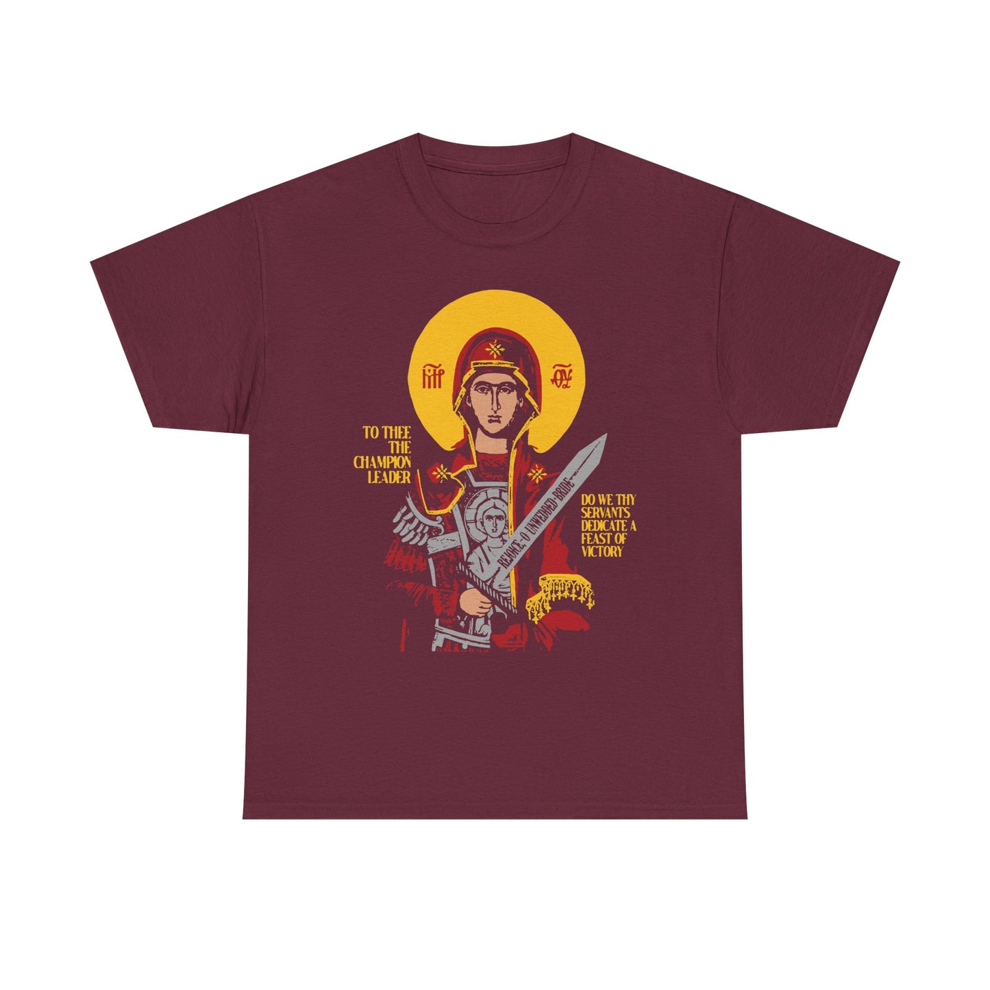 To Thee the Champion Leader | Mother of God | Theotokos with Sword IconoGraphic | Orthodox Christian Midweight Cotton Unisex Tee