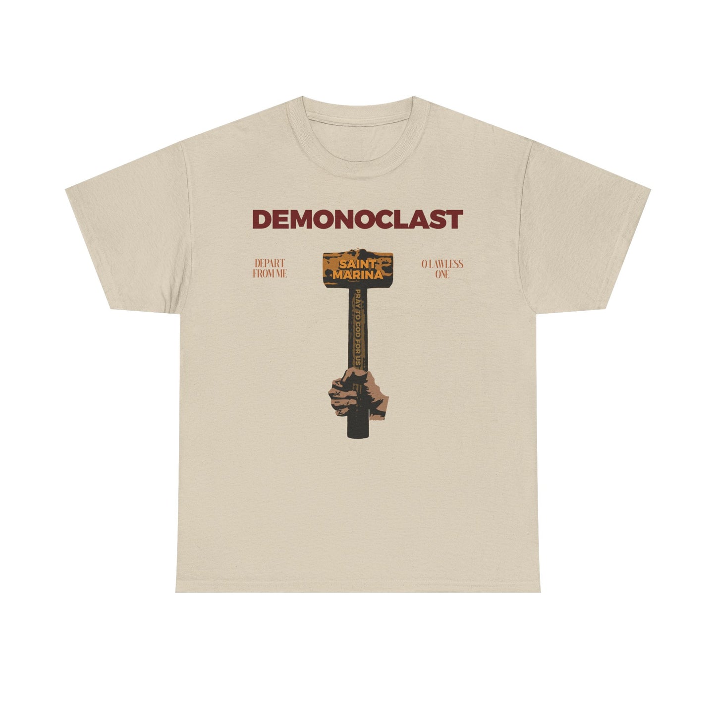 Sand-colored tee featuring "DEMONOCLAST" text and St. Marina’s axe, gripped by the NIKA fist—honoring the strength and martyrdom of the Great Martyr Marina. Made of midweight cotton, unisex fit.