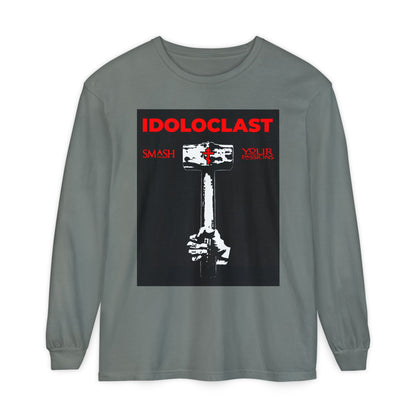 Grey long-sleeve shirt with a graphic of Jesus’ fist holding a sledgehammer and red “IDOLOCLAST” text—a bold Christian ascetic statement to smash your passions. ICXC NIKA. Orthodox Christian-inspired.