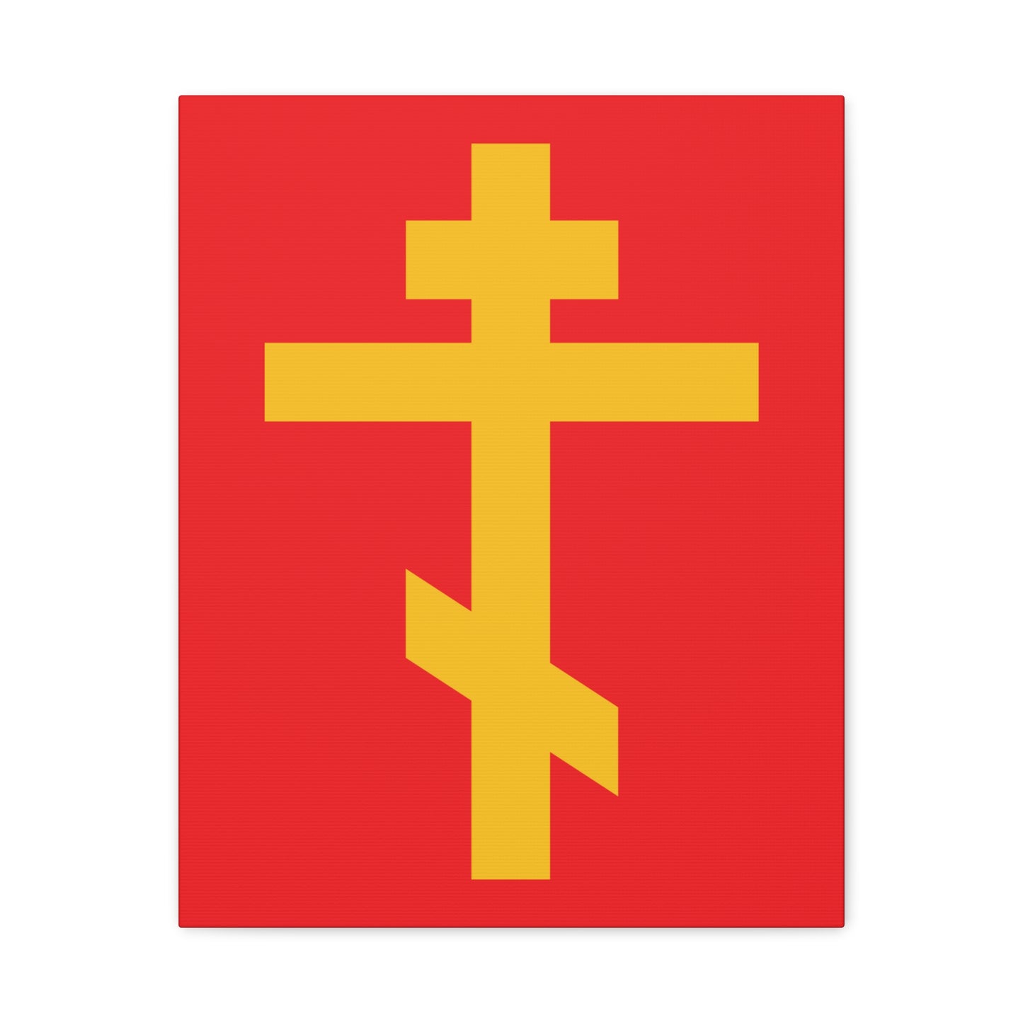 The 'Yellow Orthodox Cross Red Background' canvas art depicts the precious and life-giving weapon of unseen warfare, a scourge of demons, on a bold red backdrop—Orthodox symbolism in striking color.