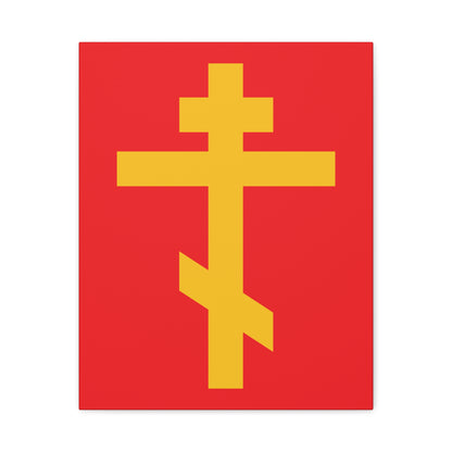 The 'Yellow Orthodox Cross Red Background' canvas art depicts the precious and life-giving weapon of unseen warfare, a scourge of demons, on a bold red backdrop—Orthodox symbolism in striking color.