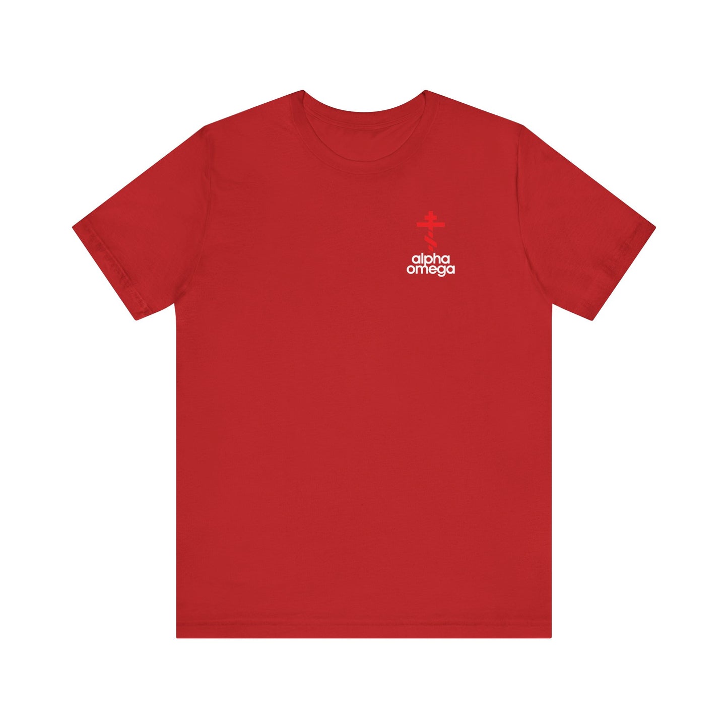The Alpha & Omega Red Orthodox Cross Tee features a minimalist Adidas-inspired logo mashup with a small white cross and text on the left chest—a simple Christian reminder. Lightweight, unisex, and made from cotton.