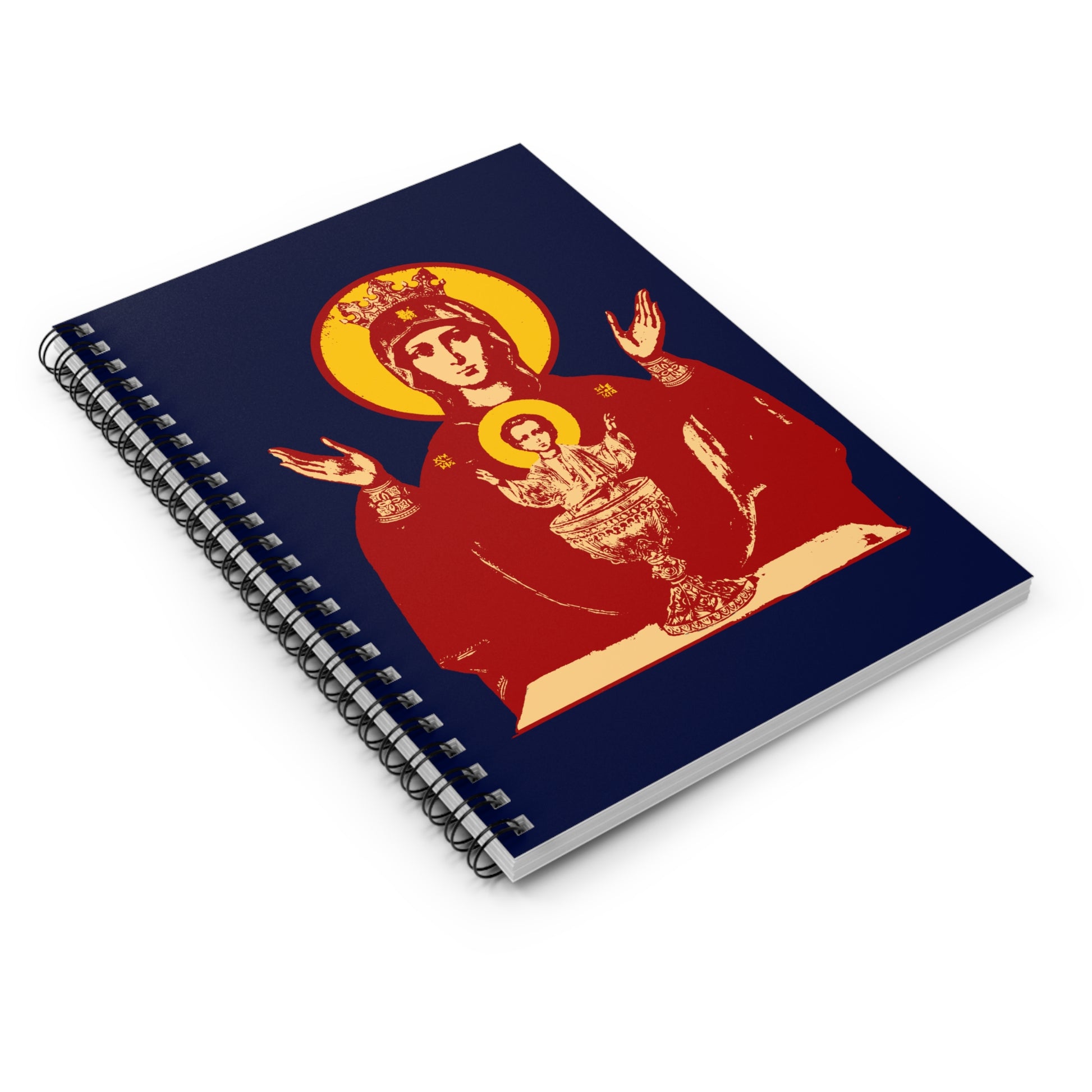 Orthodox Christian spiral notebook featuring the Holy Theotokos IconoGraphic of the Inexhaustible Chalice—Deliverer from Addictions and Conqueror of Passions—on a dark blue cover.