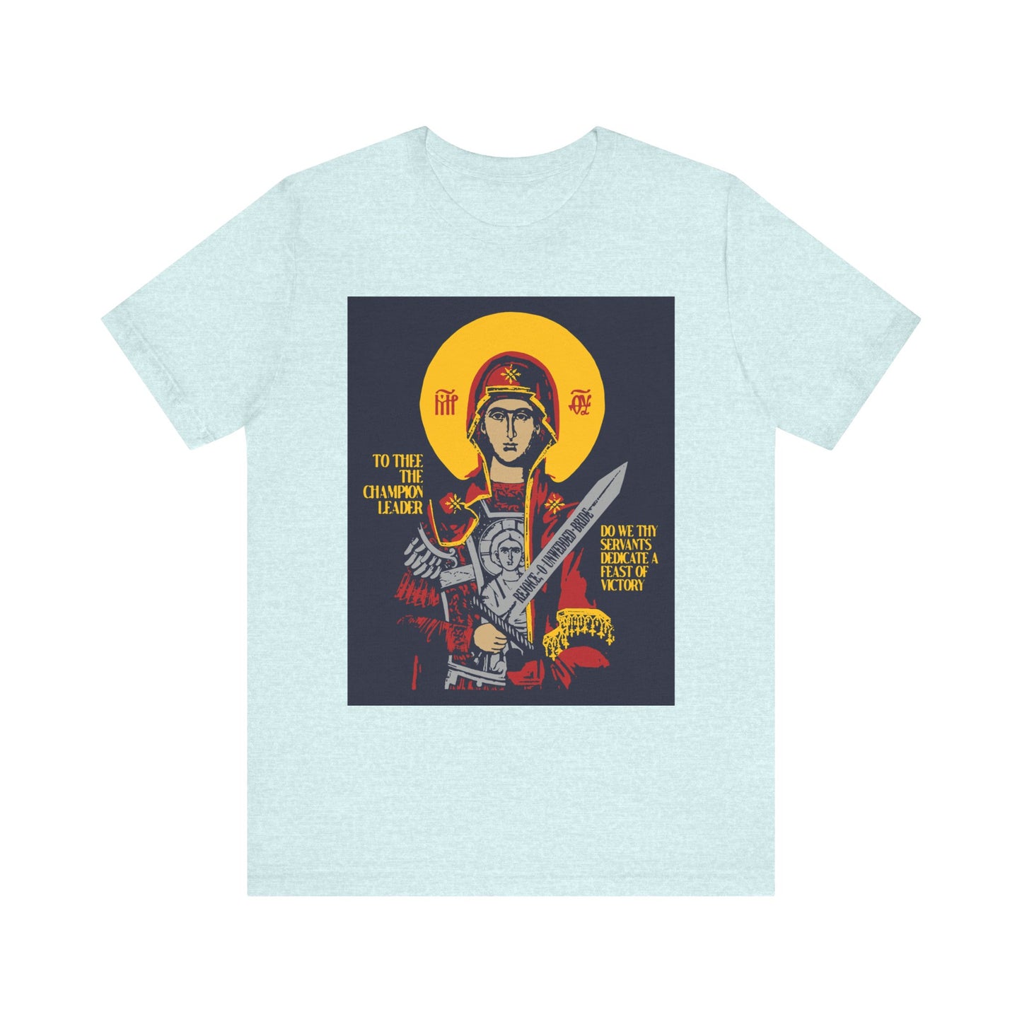 Heather Prism Ice Blue tee featuring “To Thee the Champion Leader”—the Theotokos with a sword, halo, and "Unwed Bride" text. Inspired Orthodox Christian iconographic design on lightweight unisex cotton.