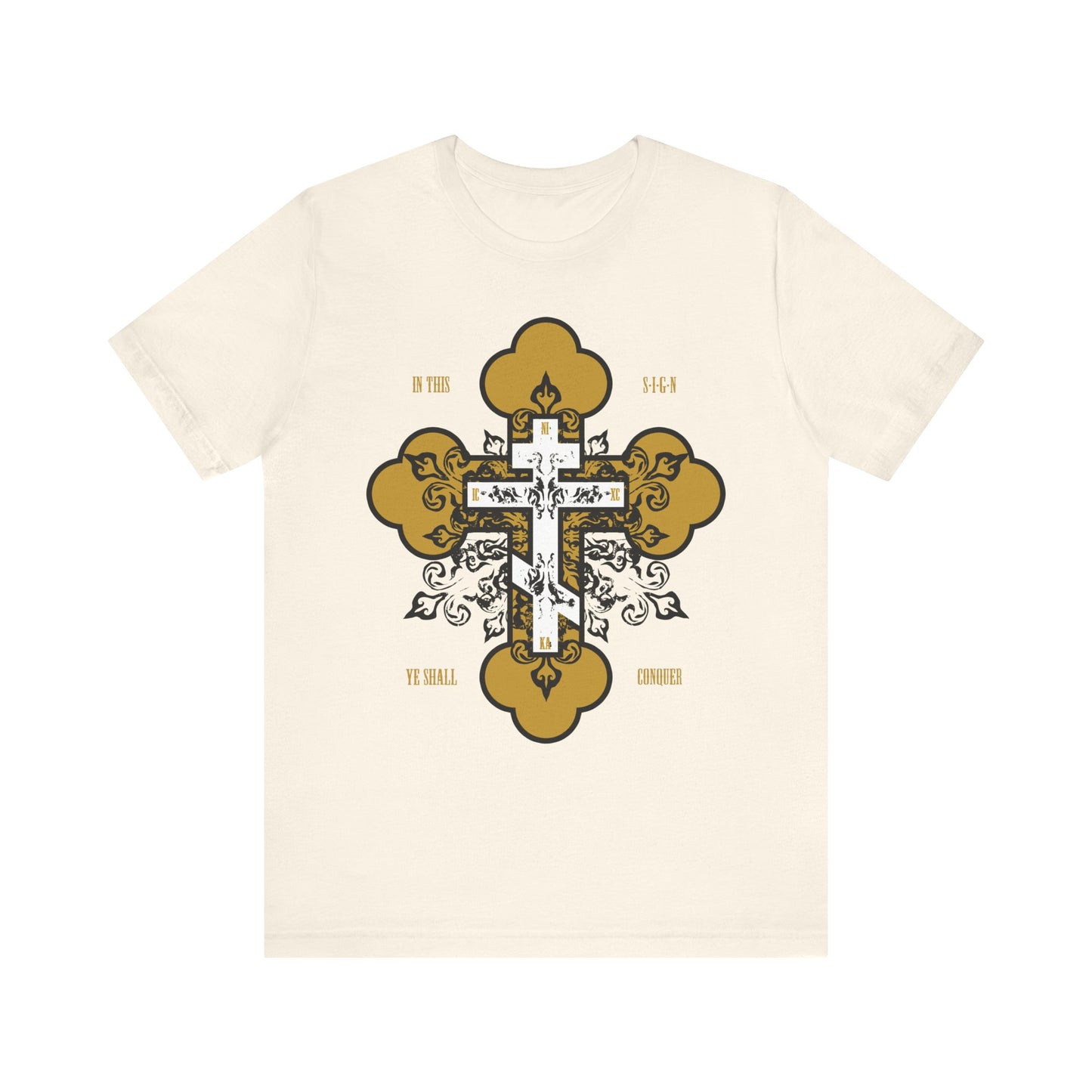 Natural unisex tee featuring a gold and white ornate Orthodox cross with "In Hoc Signo Vinces"—inspired by spiritual warfare, prayer, and the teachings of St Paisios. Lightweight cotton.