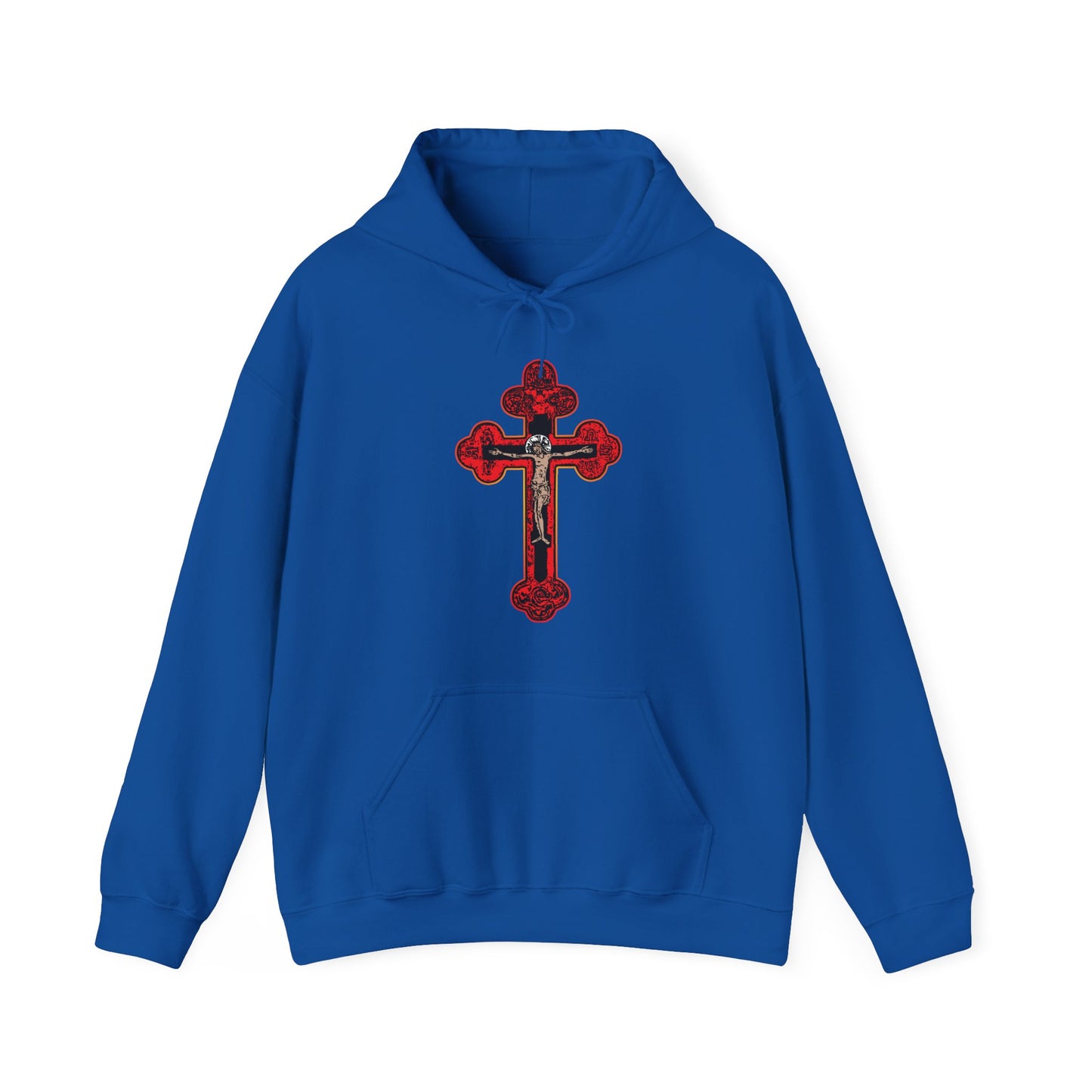 Royal hoodie featuring a large ornate red and black Orthodox Christian Golgotha cross design on the front, inspired by "I Am Crucified With Christ" from Isaiah 53:3-5. Product: Red Orthodox Christian Crucifix Byzantine Cross Hoodie.
