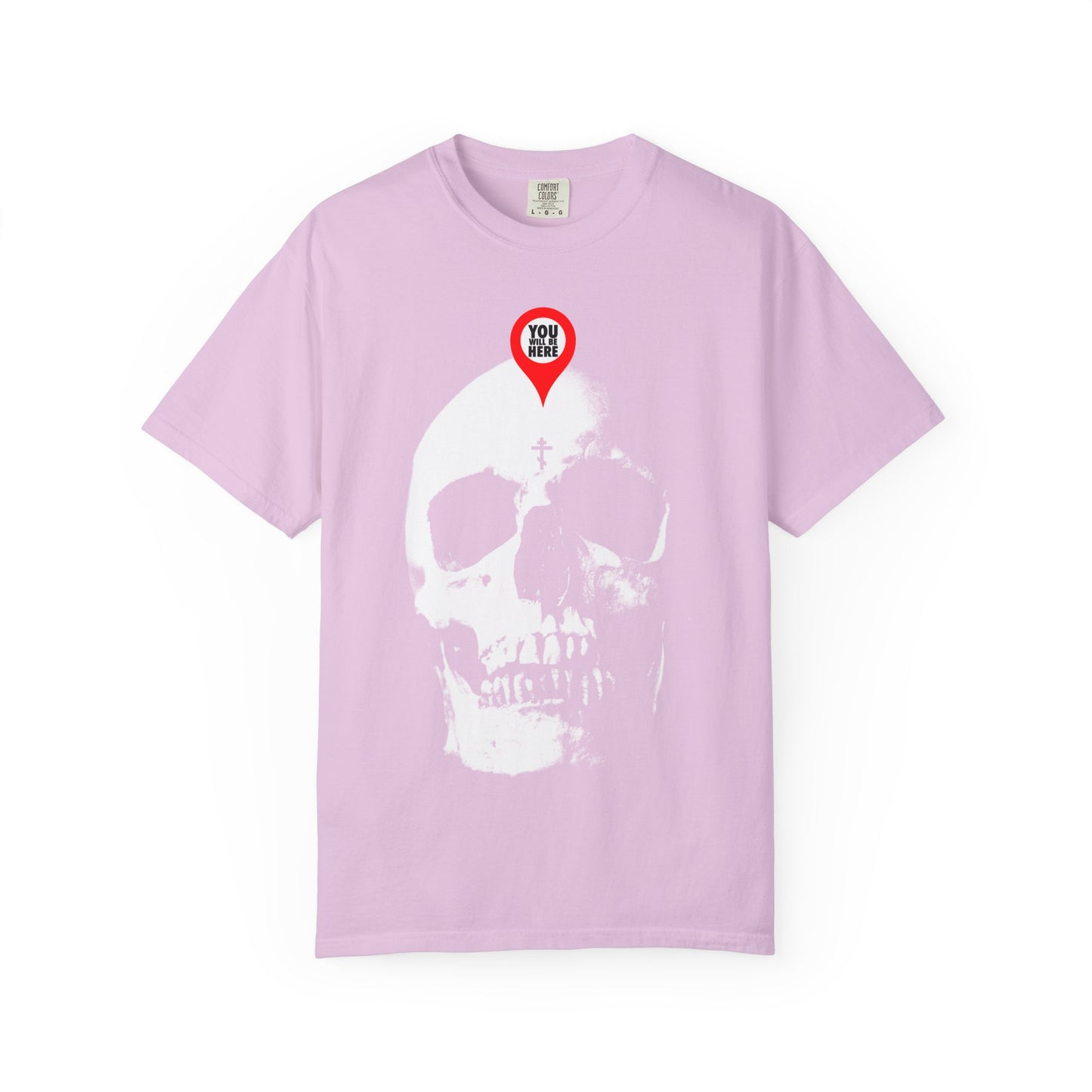 Orchid heavyweight cotton tee with a bold white skull and a red map marker on the forehead—"You Will Be Here" design inspires memento mori reflection on life’s meaning. Unisex fit.