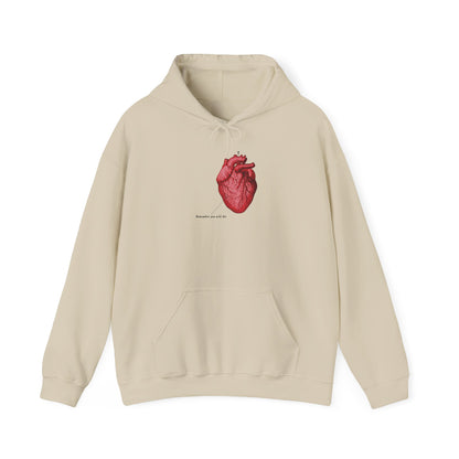 Sand-colored hoodie with retro medical heart graphic, Orthodox cross, and "Remember You Will Die." Inspired by Christian memento mori and Tone 4 Vespers—"It's Later Than You Think.
