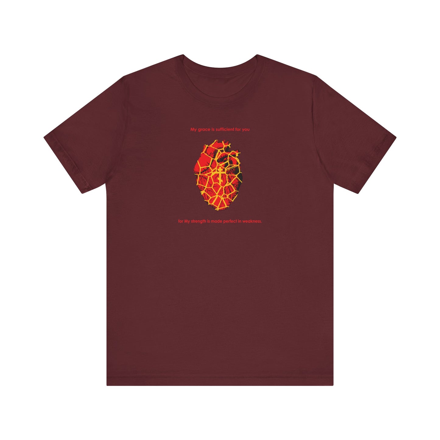 Maroon lightweight cotton tee featuring a Kintsugi-style golden broken heart, Orthodox cross, and “My Strength is Made Perfect in Weakness” (2 Cor 12:9)—a reminder that grace brings strength to the broken spirit.