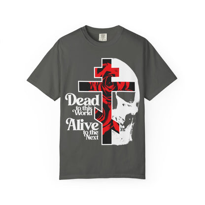 Pepper t-shirt: Dead to this World | Christian Goth Flower Cross & Skull. Features cross, red rose, white skull, and 70s-style text—symbolizing renunciation and the Ladder of Divine Ascent. Heavyweight cotton; bestselling unisex design.