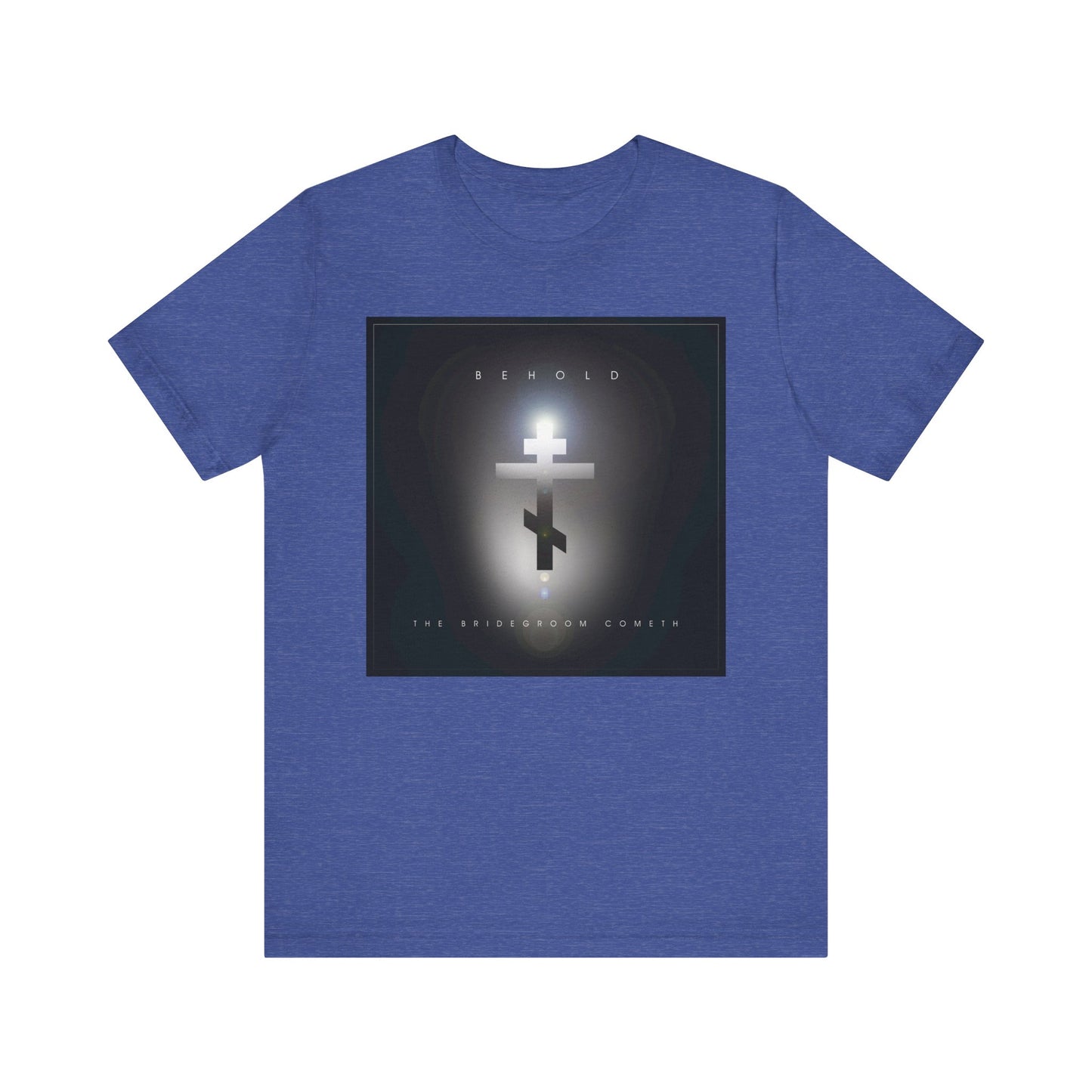 Heather True Royal unisex t-shirt featuring a minimalist cinematic lens flare Orthodox cross and "BEHOLD THE BRIDEGROOM COMETH" on the front, inspired by St Augustine's reflections on the day of judgment. Lightweight cotton.