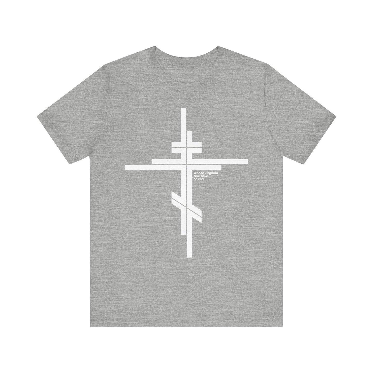 Athletic Heather unisex cotton T-shirt featuring a large, modernist minimalist white Eastern Orthodox cross logo on the front and inspired by Luke 1:32-33, symbolizing the lasting reign of Christ’s kingdom.
