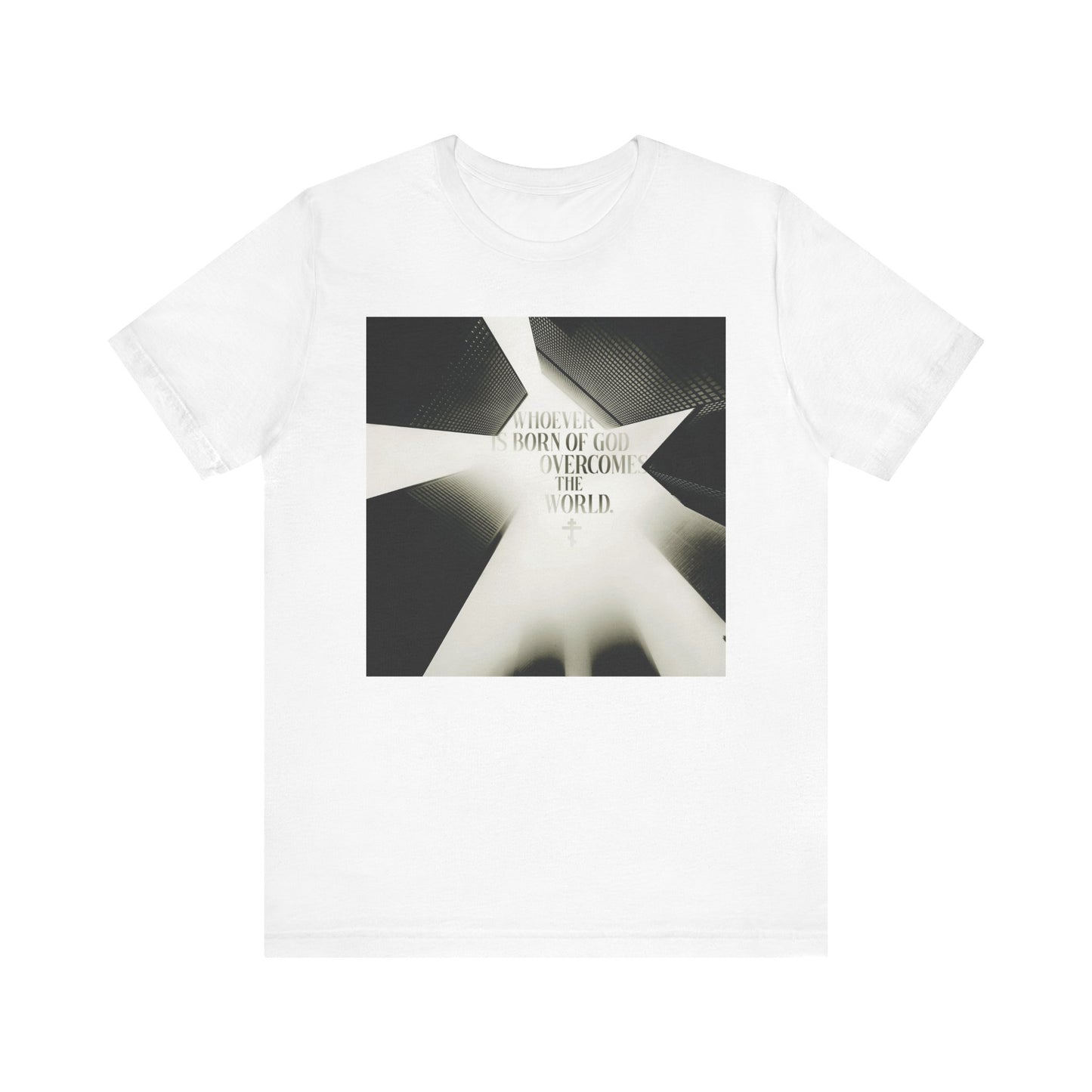 White "Whoever is Born of God Overcomes the World (St John the Theologian) | Modern Cityscape | Orthodox Christian Lightweight Cotton Unisex T-Shirt" featuring a black and white abstract cityscape graphic with text inspired by 1 John 5:1-4, declaring that Jesus is the Christ.