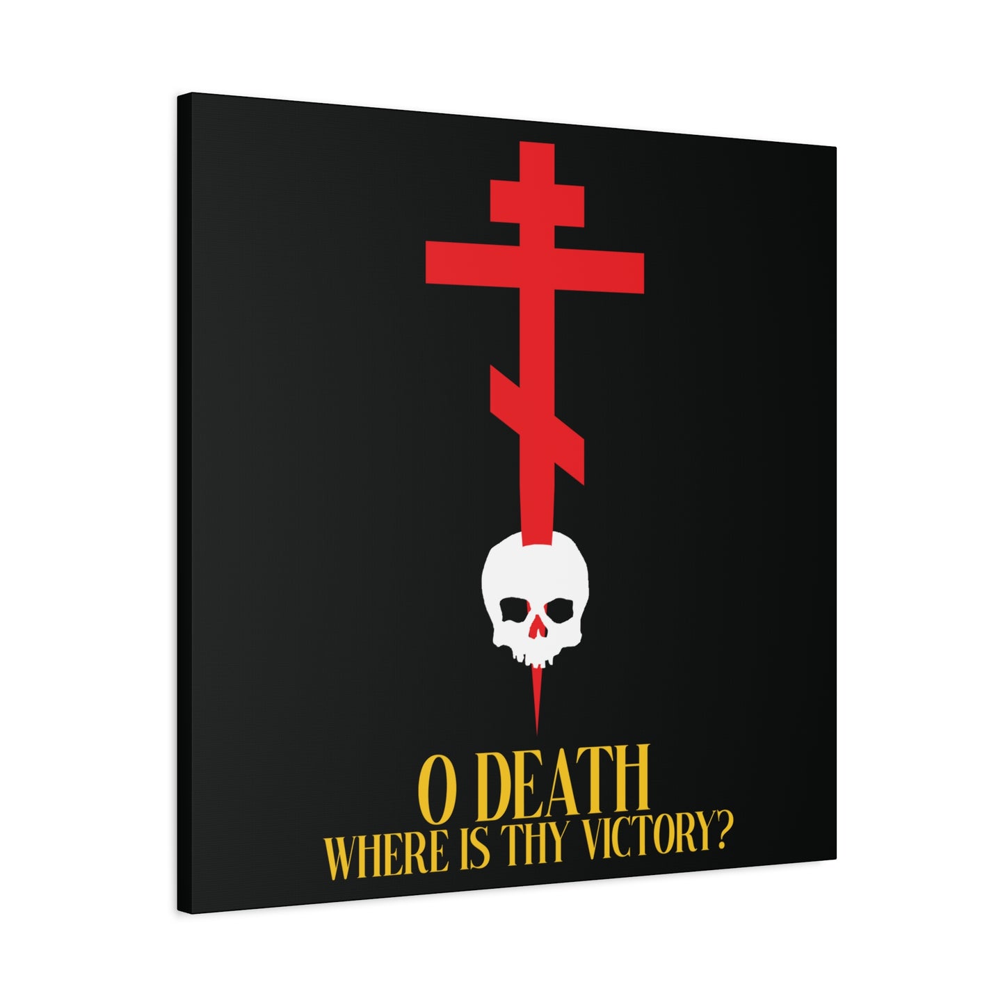 O Death Where is Thy Victory? (1 Corinthians 15:55) | Cross Stabbing Skull | Yellow Text | Orthodox Christian Canvas Art