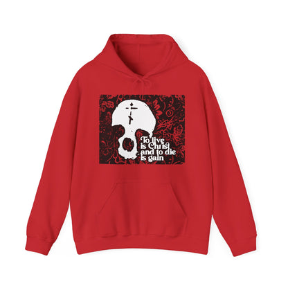 To Live is Christ To Die is Gain (Phil 1:21) | Skull with Cross on Red Floral Texture | Orthodox Christian Hoodie / Hooded Sweatshirt