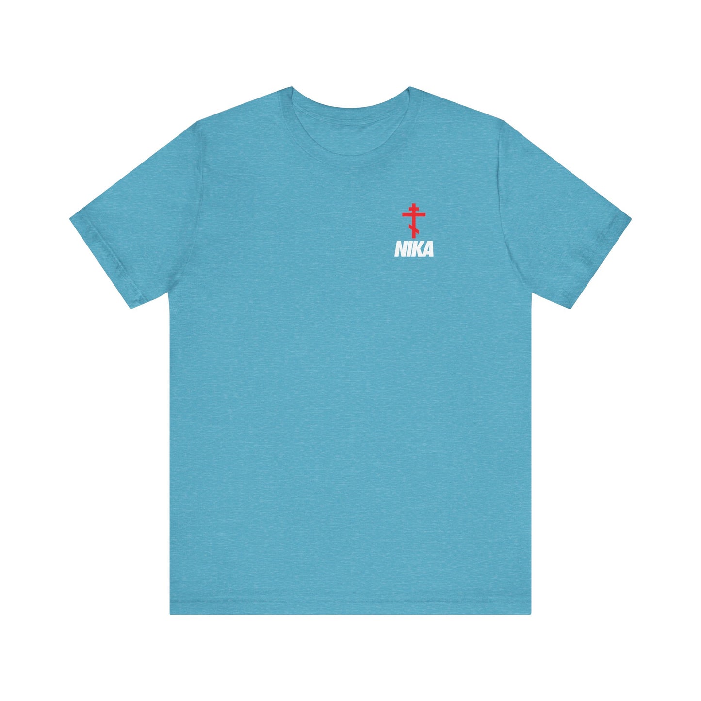 Heather Aqua tee featuring an Orthodox Cross with bold NIKA text in a small NIKE-style mashup design—athletic, ascetic Christian fashion on lightweight cotton for a modern unisex look.