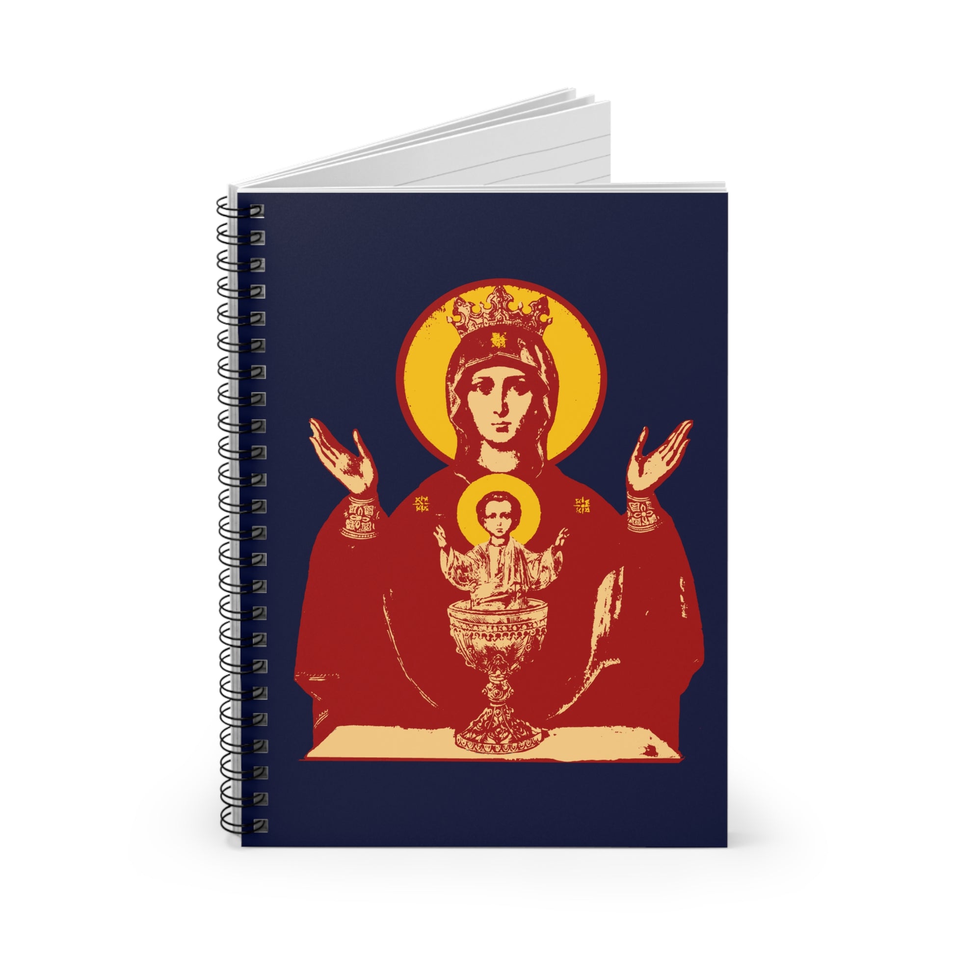 Spiral notebook with a dark blue cover featuring the "Holy Theotokos IconoGraphic of the Inexhaustible Chalice"—Deliverer from Addictions & Conqueror of Passions—Orthodox Christian design in red and yellow.