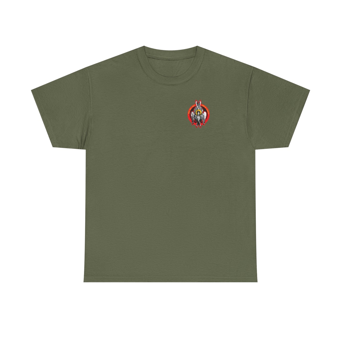 Military green unisex t-shirt featuring a small "Holy Holy Holy Seraphim Angel Icono-Graphic" design, inspired by the heavenly hosts of God and the divine council. Made from midweight cotton for comfort.