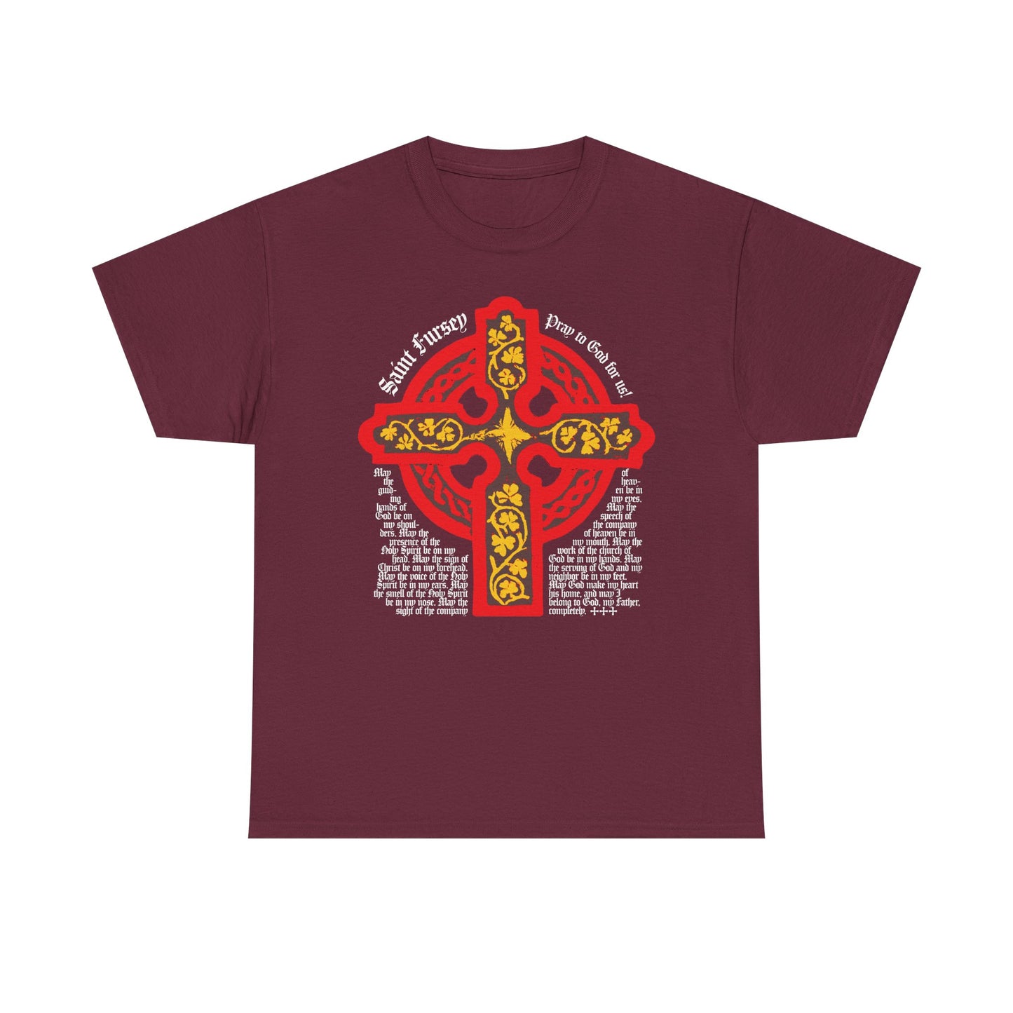 Maroon midweight cotton unisex tee featuring a red and yellow Celtic cross and white "Saint Cregyn Pray for Us" text, inspired by the Lorica prayer of St Fursey and Irish Orthodox heritage.