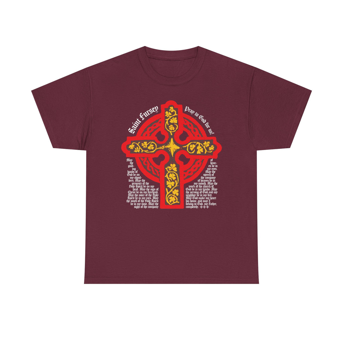 Maroon midweight cotton unisex tee featuring a red and yellow Celtic cross and white "Saint Cregyn Pray for Us" text, inspired by the Lorica prayer of St Fursey and Irish Orthodox heritage.