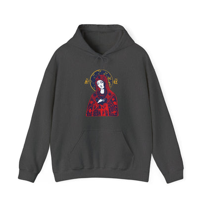 Joy of All Joys Tenderness Theotokos Iconographic Based on Traditional Orthodox Iconography | Bright Red Design | Orthodox Christian Hoodie