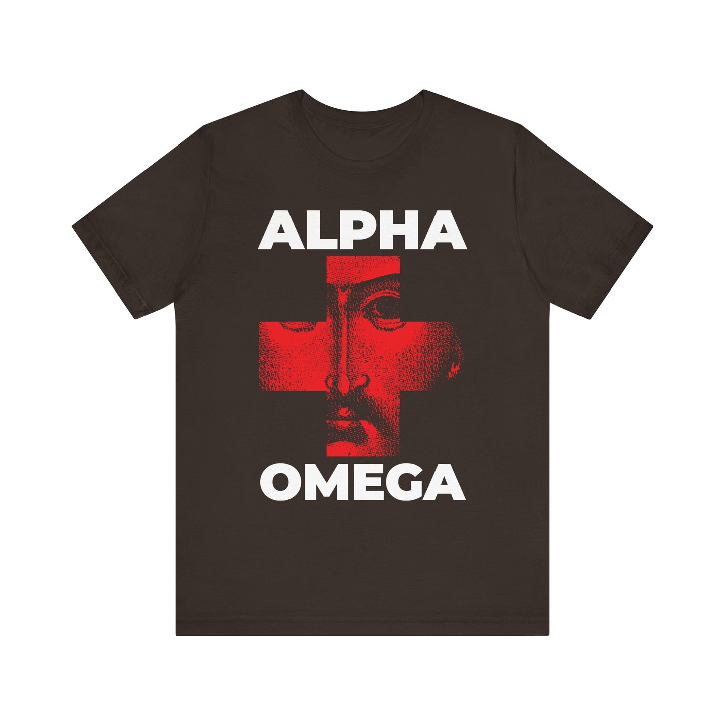 Brown unisex tee featuring Christ’s face over a red cross, with “I Am The Alpha + The Omega, The Beginning + The End (Rev 1:8)” iconographic text. Lightweight cotton.