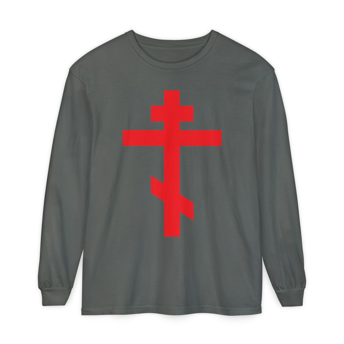 Pepper-colored long sleeve cotton shirt featuring a bright red Orthodox cross and "Preserve Thy People By Thy Cross, O Lord" design, inspired by the faith of St. John of Kronstadt. Christ is King.