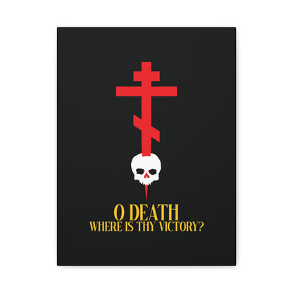 O Death Where is Thy Victory? (1 Corinthians 15:55) | Cross Stabbing Skull | Yellow Text | Orthodox Christian Canvas Art