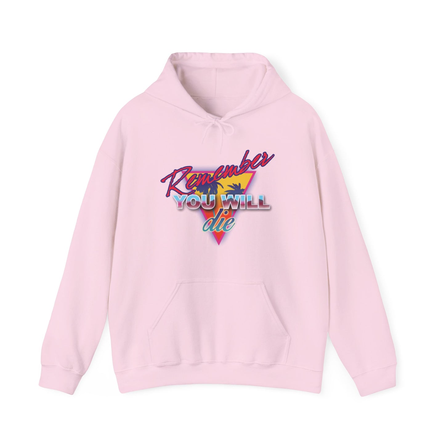 Light pink hoodie with "Remember YOU WILL die" front graphic, inspired by Orthodox Memento Mori and the Ladder of Divine Ascent, in an 80s retro synthwave palm tree style. Cotton/poly blend.