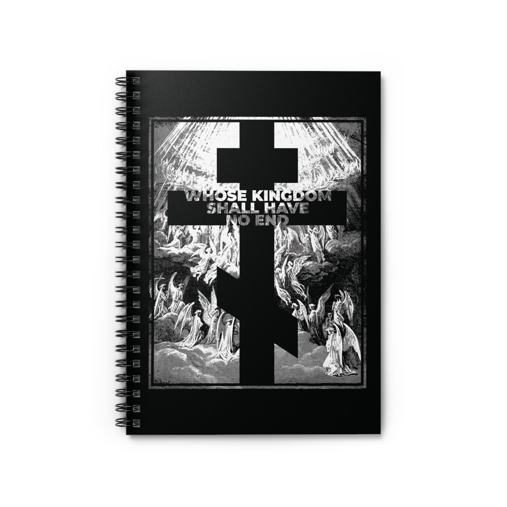 Show your faith with the "Whose Kingdom Shall Have No End" Orthodox spiral notebook, featuring a Gustave Dore etching and text from the Nicene Creed—a unique Symbol of Faith inspired by Apocalypse and Revelation.