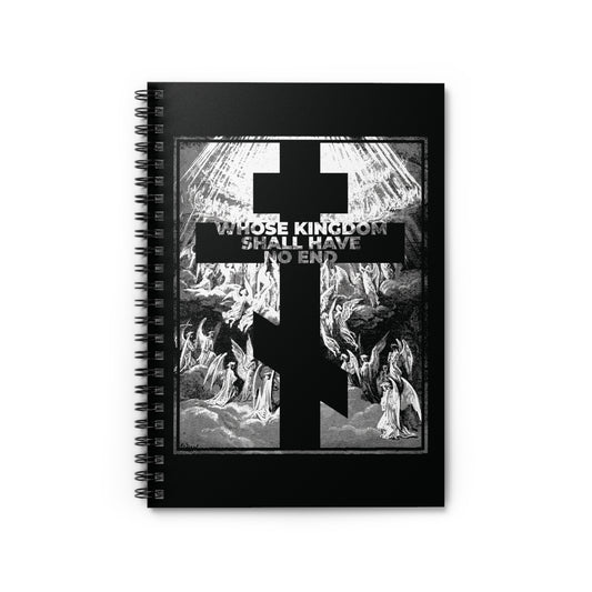 Show your faith with the "Whose Kingdom Shall Have No End" Orthodox spiral notebook, featuring a Gustave Dore etching and text from the Nicene Creed—a unique Symbol of Faith inspired by Apocalypse and Revelation.