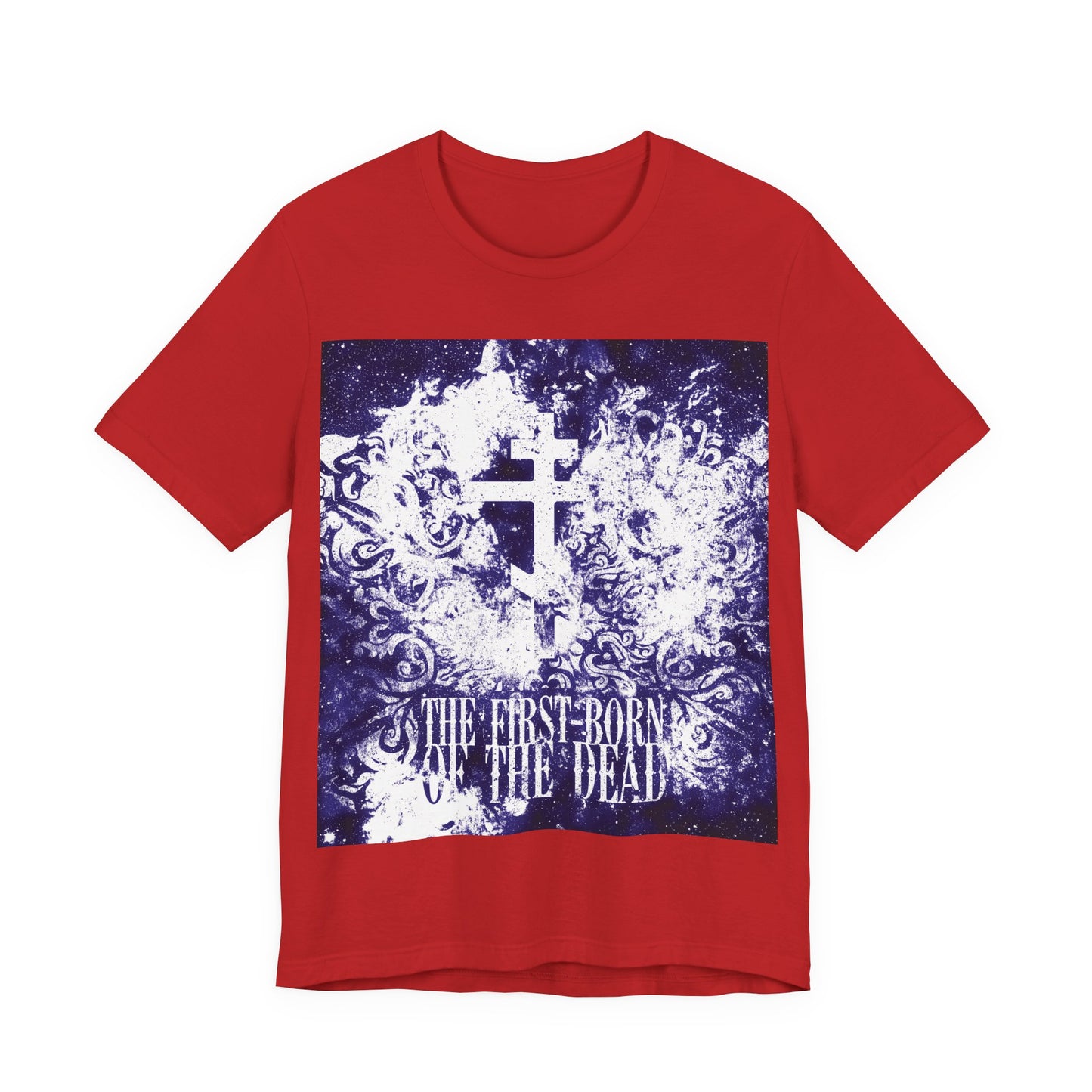 The First-Born of the Dead | Glowing White & Blue Textured Cosmic Orthodox Cross | Resurrection & Apocalypse | Christian Unisex Cotton Tee